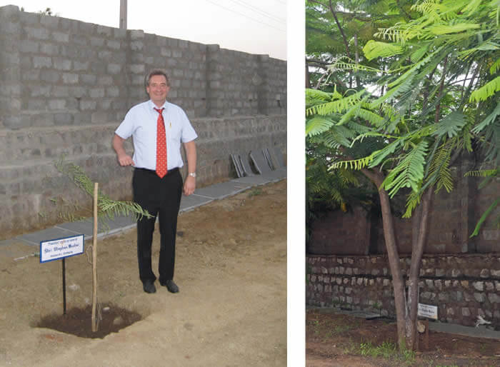 Parabel für kontinuierliches Wachstum: Sales Manager Stephan Wester mit selbst gepflanztem Baum auf dem ShreeMalani-Firmengeländ